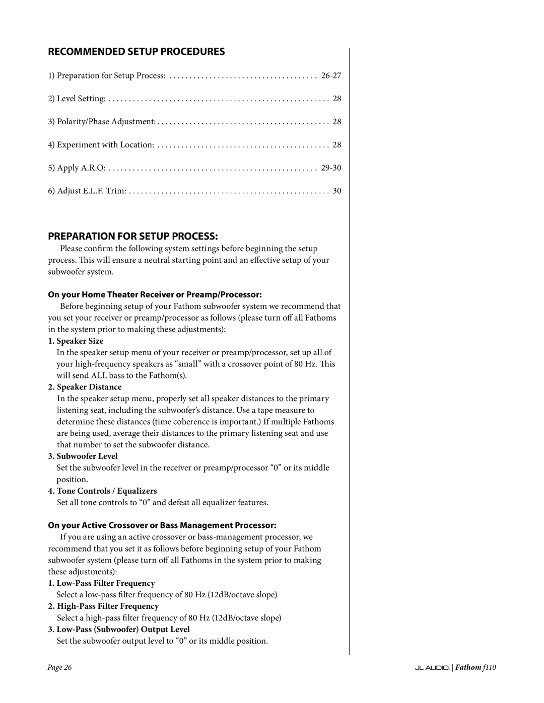 JL Audio f110 owner manual Recommended Setup Procedures, Preparation for Setup Process 