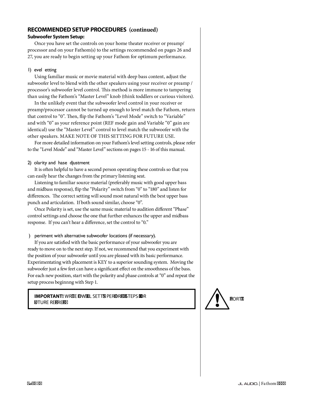 JL Audio f110 owner manual Subwoofer System Setup, Level Setting, Polarity and Phase Adjustment 