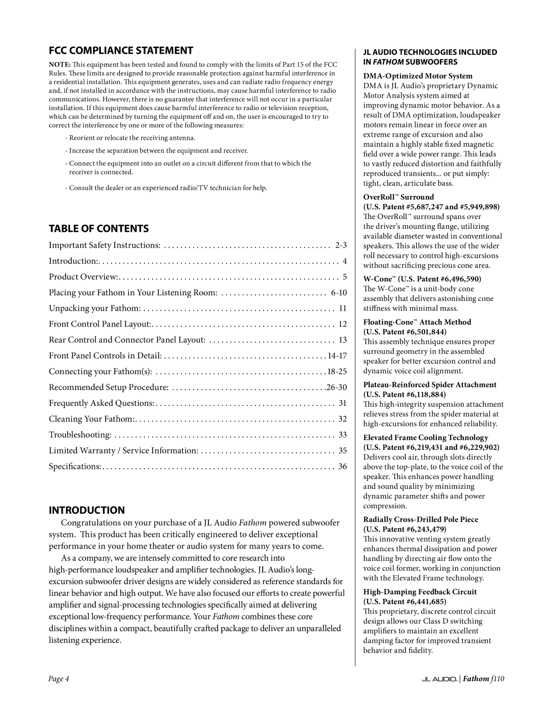 JL Audio f110 owner manual FCC Compliance Statement, Table of Contents, Introduction 