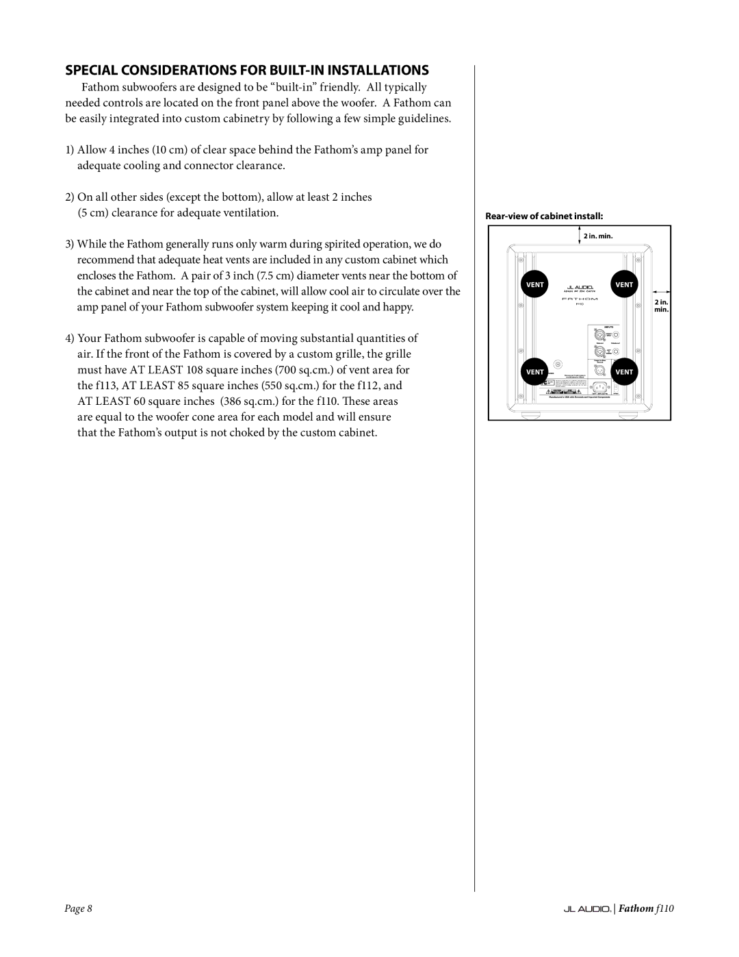 JL Audio f110 owner manual Special Considerations for BUILT-IN Installations, Rear-view of cabinet install 