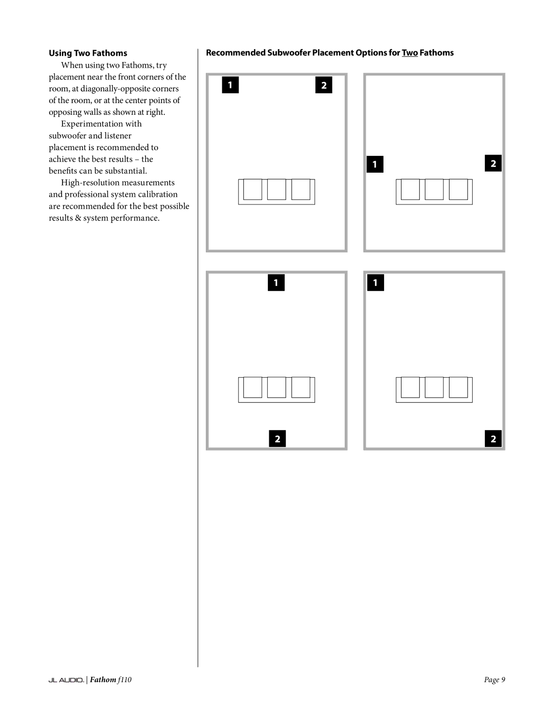 JL Audio f110 owner manual Using Two Fathoms, Recommended Subwoofer Placement Options for Two Fathoms 