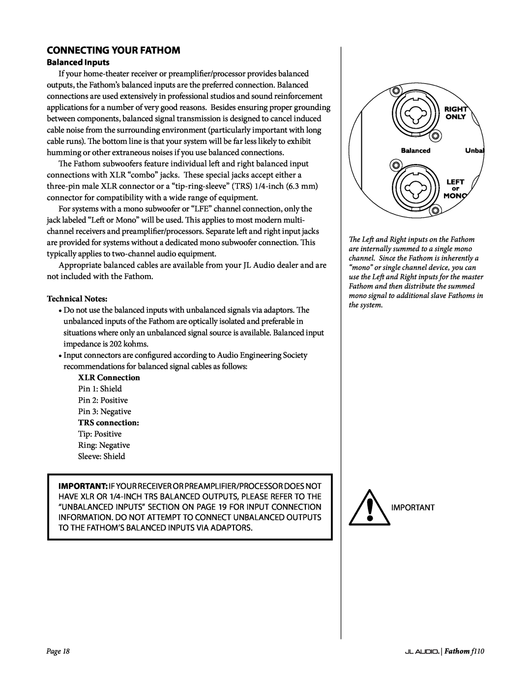 JL Audio f110 owner manual Connecting Your Fathom, Balanced Inputs, Technical Notes 