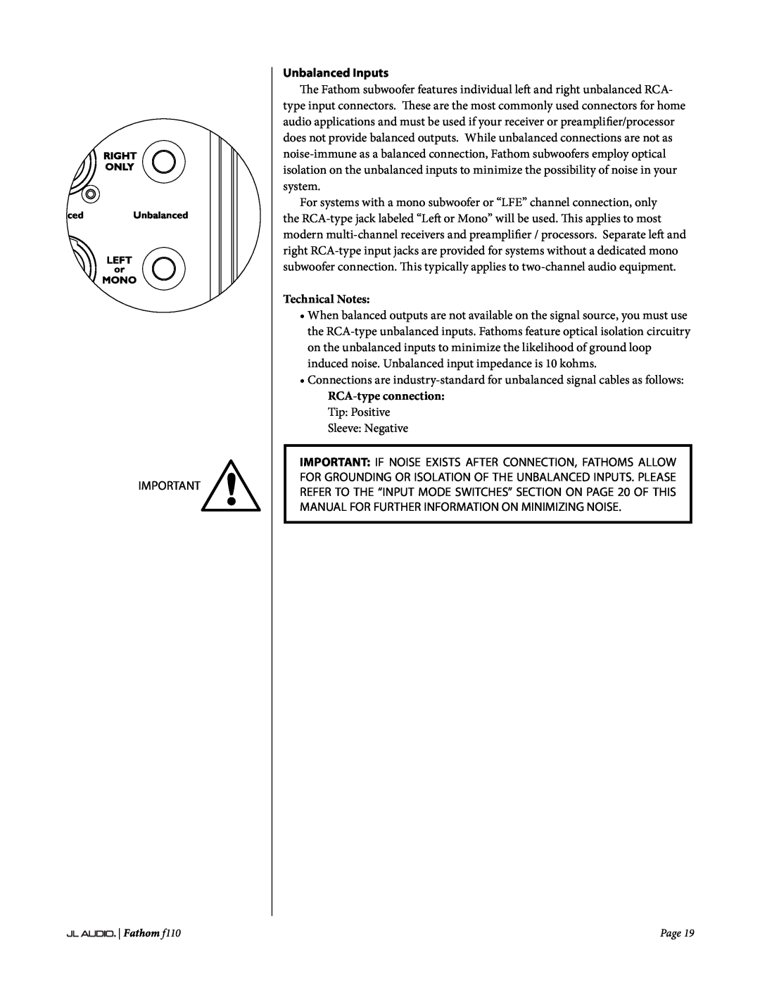 JL Audio f110 owner manual Unbalanced Inputs, RCA-typeconnection Tip Positive, Technical Notes 