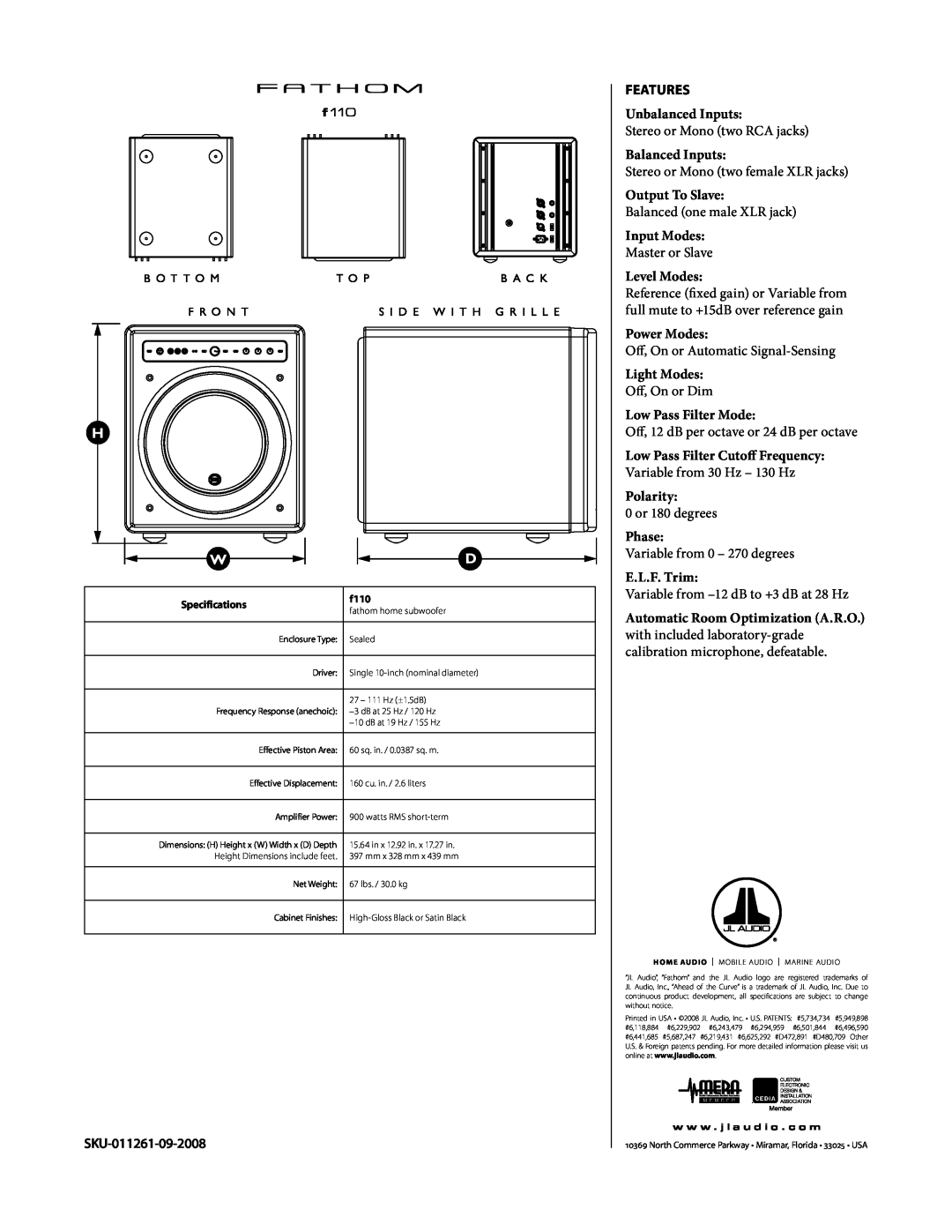 JL Audio f110 owner manual SKU-011261-09-2008, Features, Unbalanced Inputs 