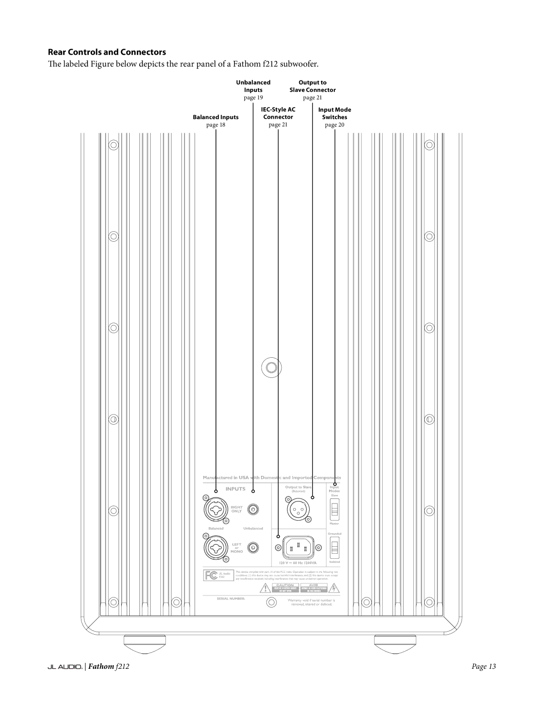 JL Audio f212 owner manual Rear Controls and Connectors 