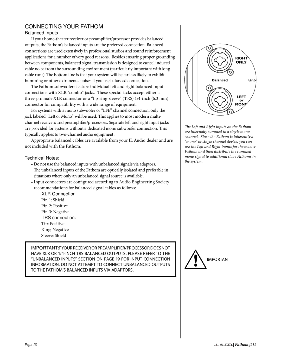 JL Audio f212 owner manual Connecting Your Fathom, Balanced Inputs, Technical Notes 