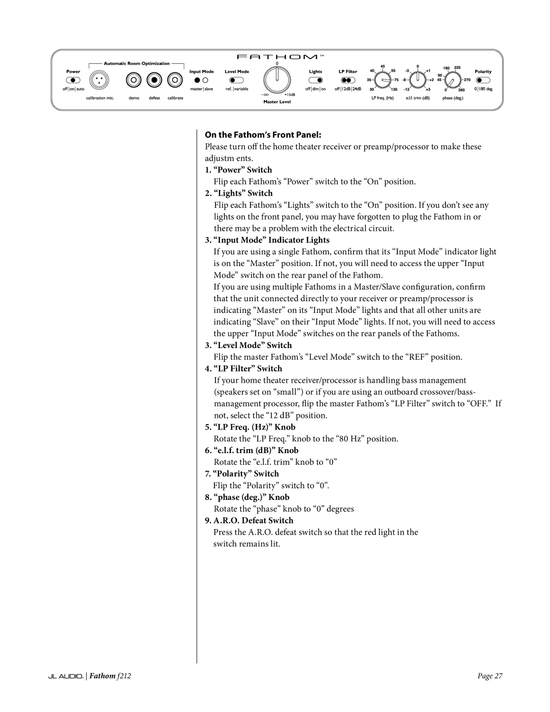 JL Audio f212 owner manual On the Fathom’s Front Panel 