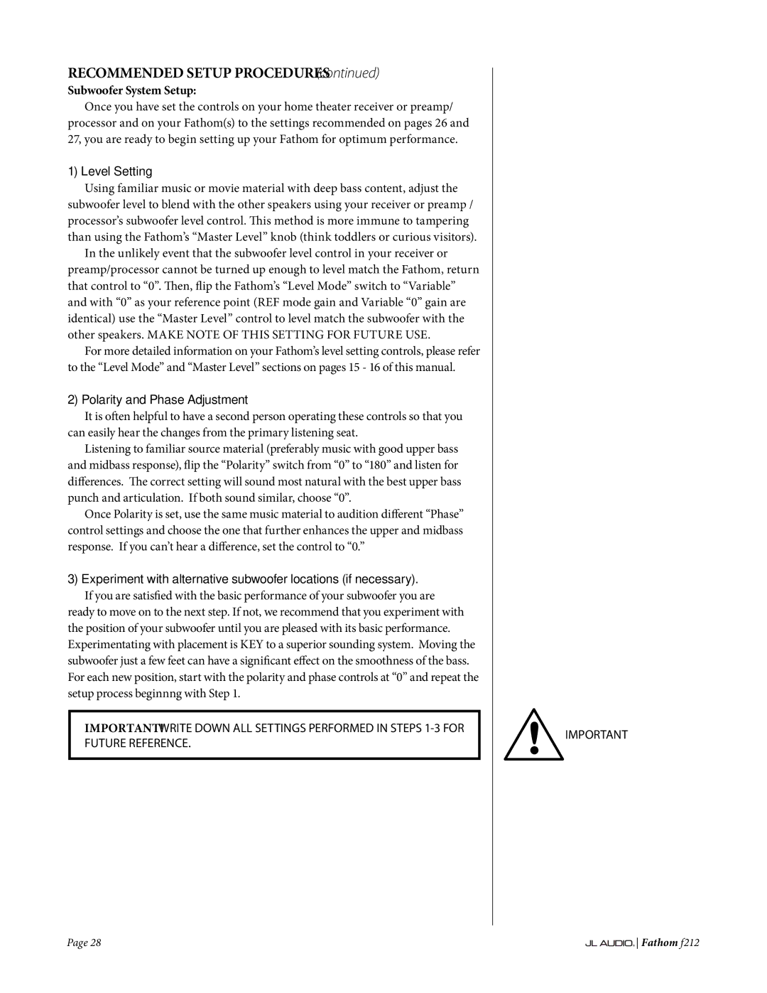JL Audio f212 owner manual Subwoofer System Setup, Level Setting, Polarity and Phase Adjustment 