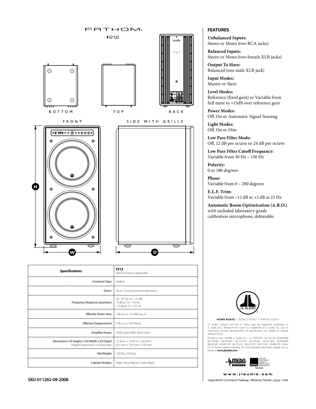 JL Audio f212 owner manual Features 