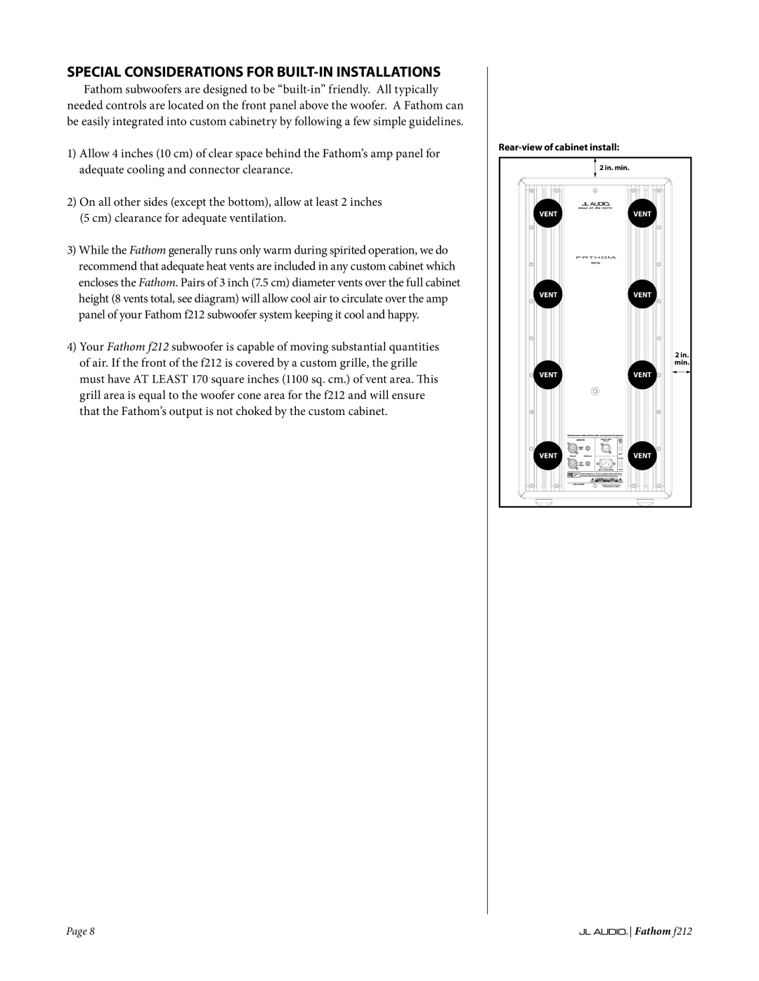 JL Audio f212 owner manual Special Considerations for BUILT-IN Installations 