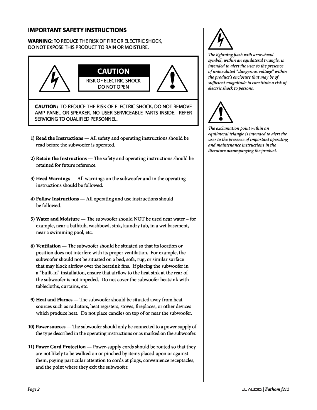JL Audio f212 owner manual Important Safety Instructions, Risk Of Electric Shock Do Not Open 