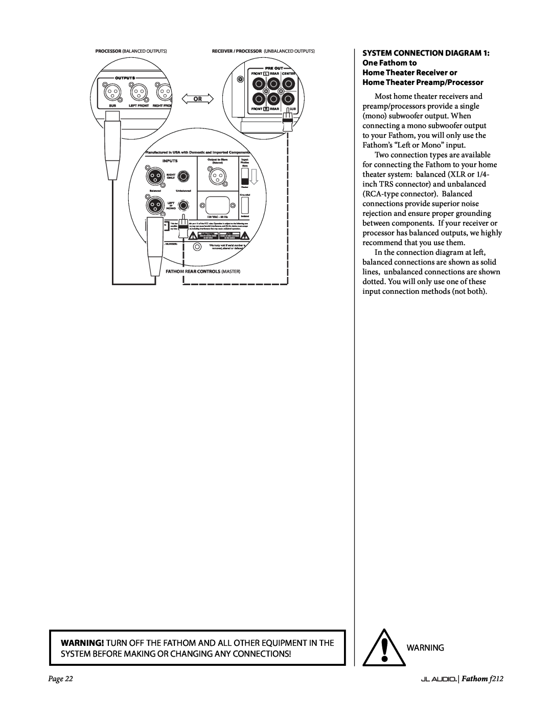JL Audio f212 SYSTEM CONNECTION DIAGRAM 1 One Fathom to, Home Theater Receiver or, Home Theater Preamp/Processor, Page 