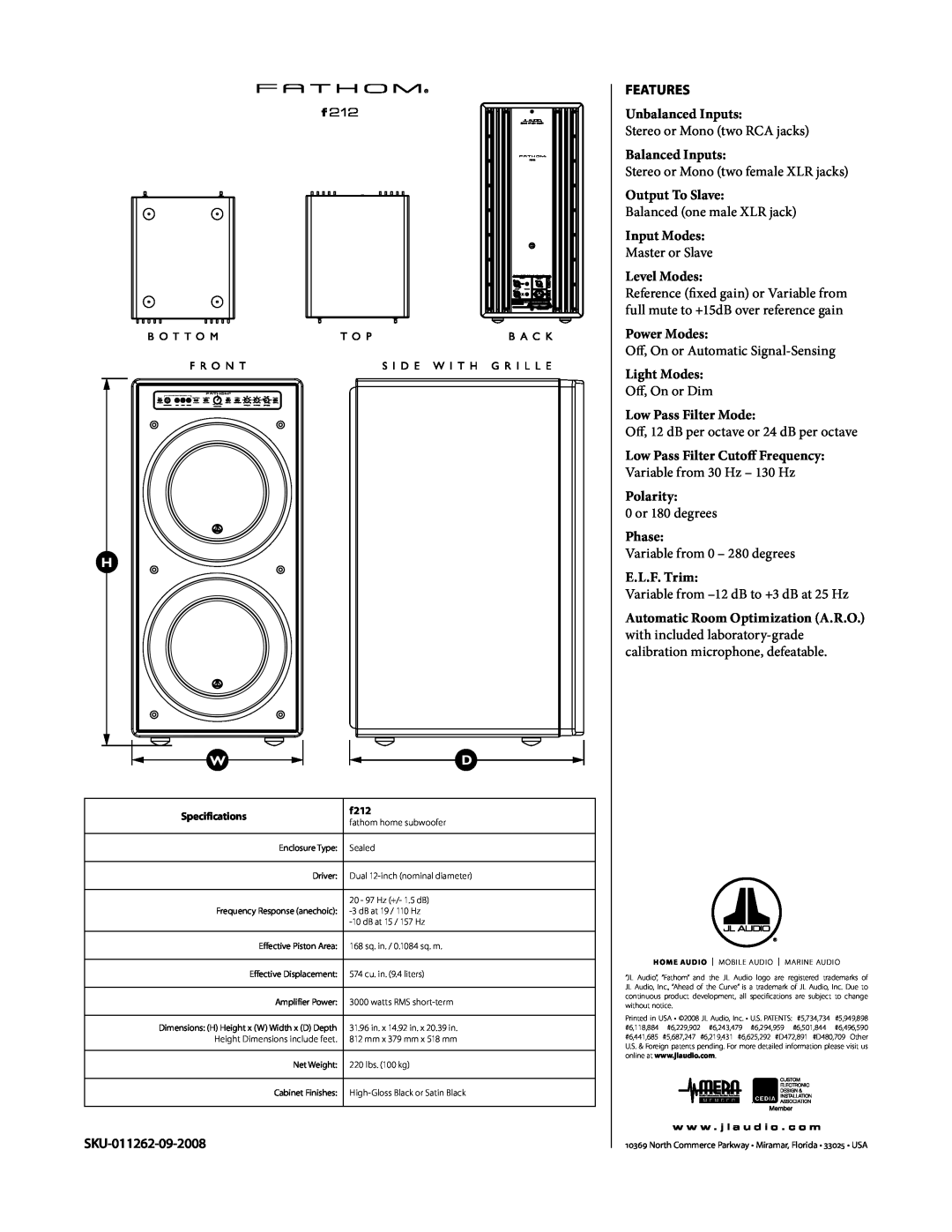JL Audio f212 owner manual SKU-011262-09-2008, Features, Unbalanced Inputs 