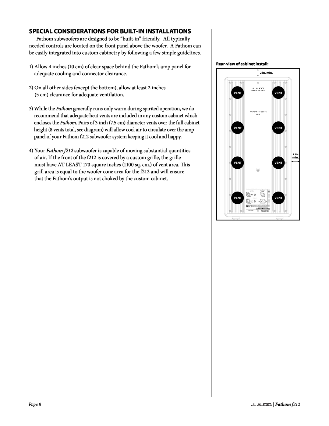 JL Audio f212 owner manual Special Considerations For Built-Ininstallations, Rear-viewof cabinet install 
