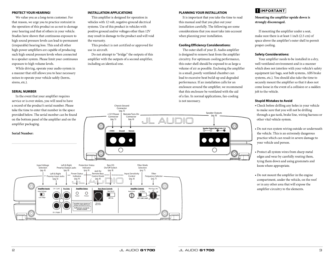 JL Audio G1700 Cooling Efficiency Considerations, Serial Number, Safety Considerations, Stupid Mistakes to Avoid 