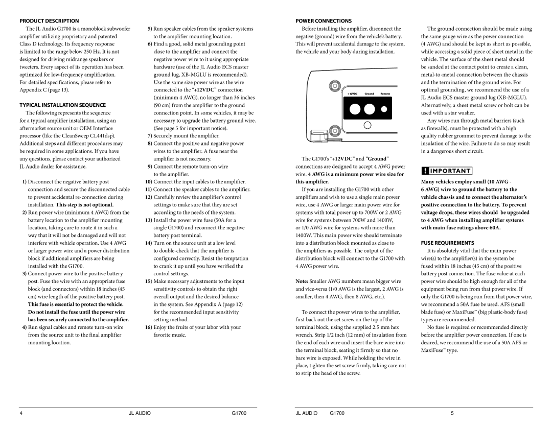 JL Audio G1700 owner manual Product Description, Power Connections, Many vehicles employ small 10 AWG, Fuse Requirements 