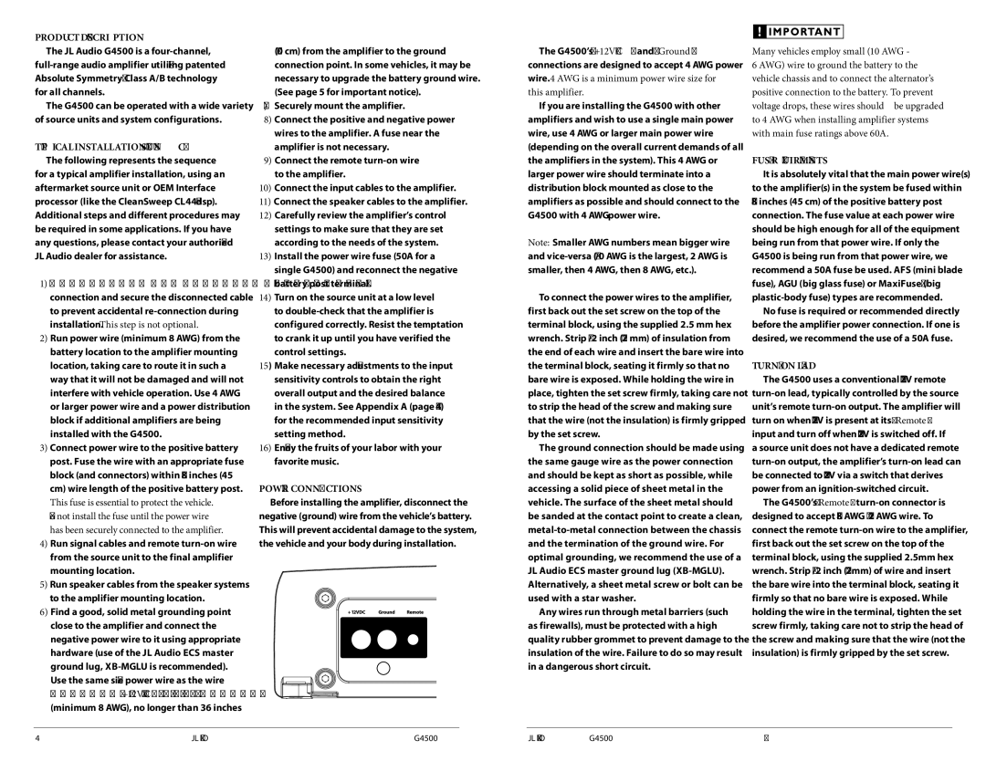 JL Audio G4500 Product Description, Power Connections, Many vehicles employ small 10 AWG, Fuse Requirements, Turn-On Lead 