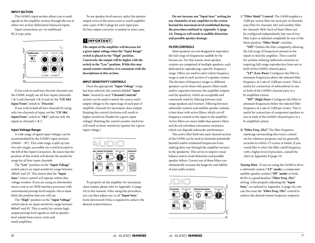 JL Audio G4500 Input Section, Input Voltage Range, Low position on the Input Voltage, Input Sensitivity Controls 