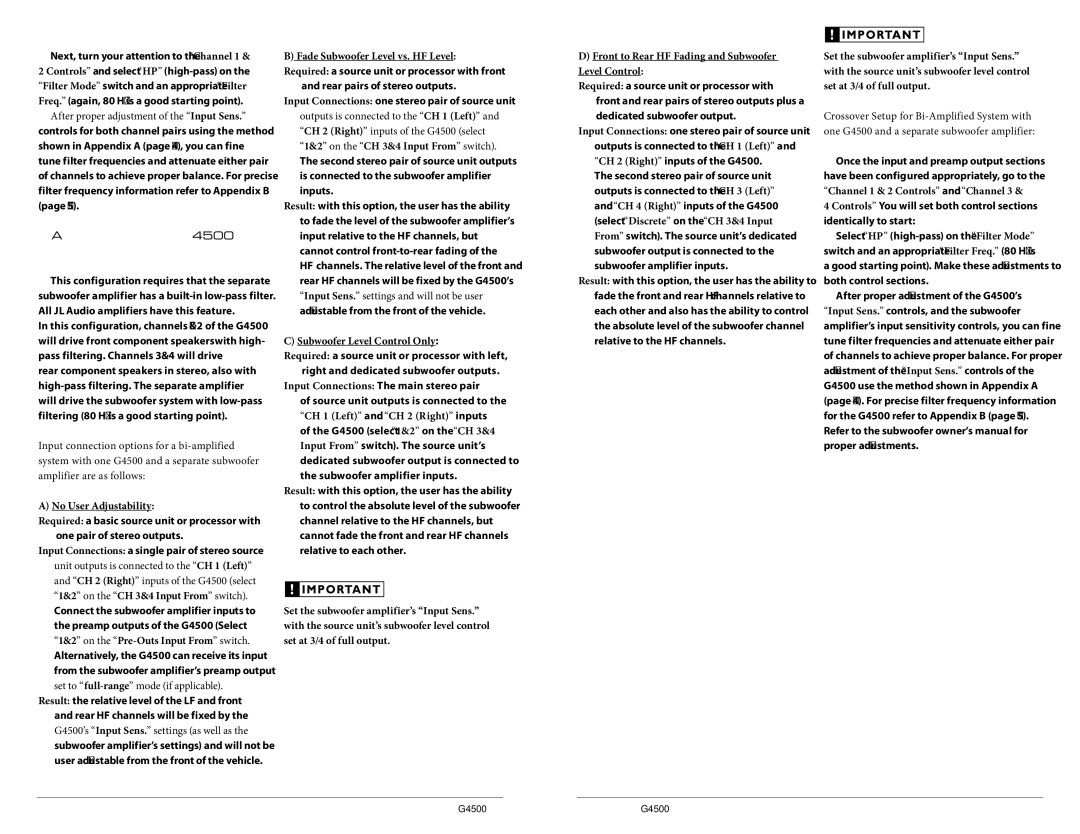 JL Audio G4500 owner manual Rear pairs of stereo outputs, Subwoofer Level Control Only 