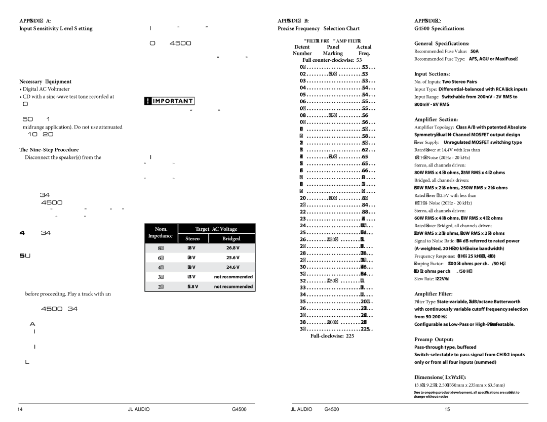 JL Audio G4500 Appendix a, Necessary Equipment, Nine-Step Procedure, Appendix B Precise Frequency Selection Chart 