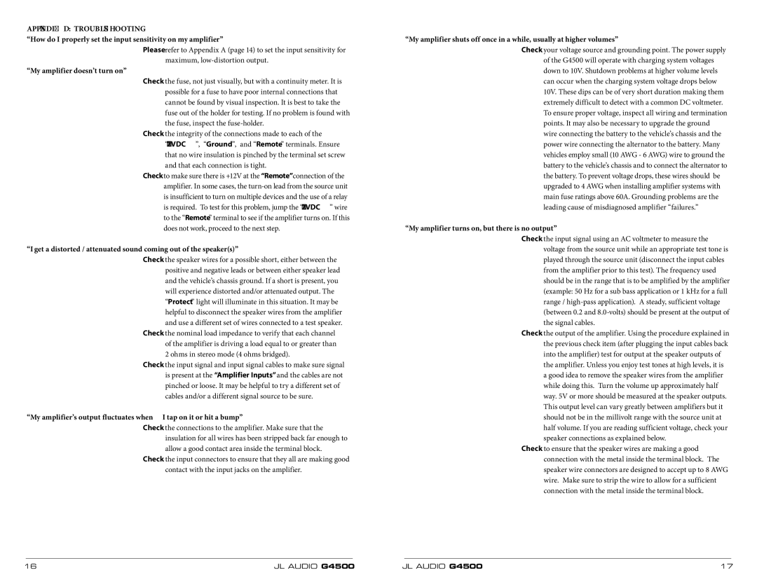 JL Audio G4500 owner manual My amplifier doesn’t turn on, My amplifier turns on, but there is no output 