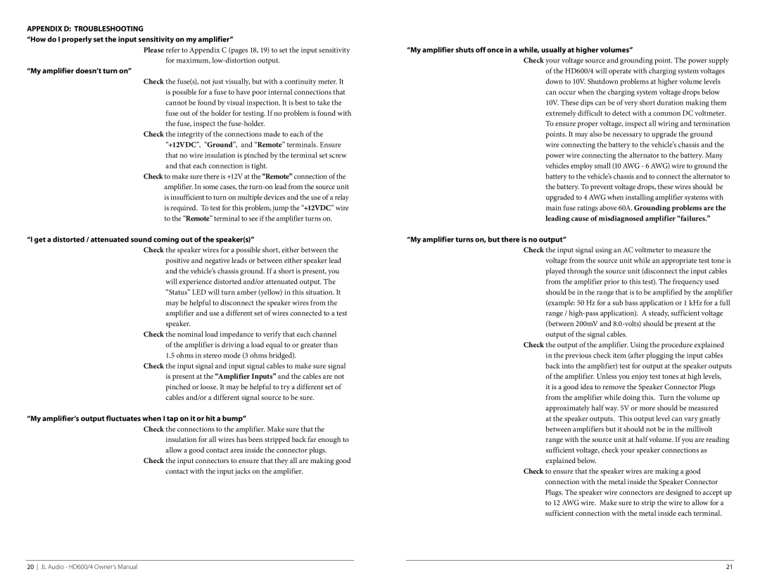 JL Audio HD600/4 owner manual My amplifier doesn’t turn on, My amplifier turns on, but there is no output 