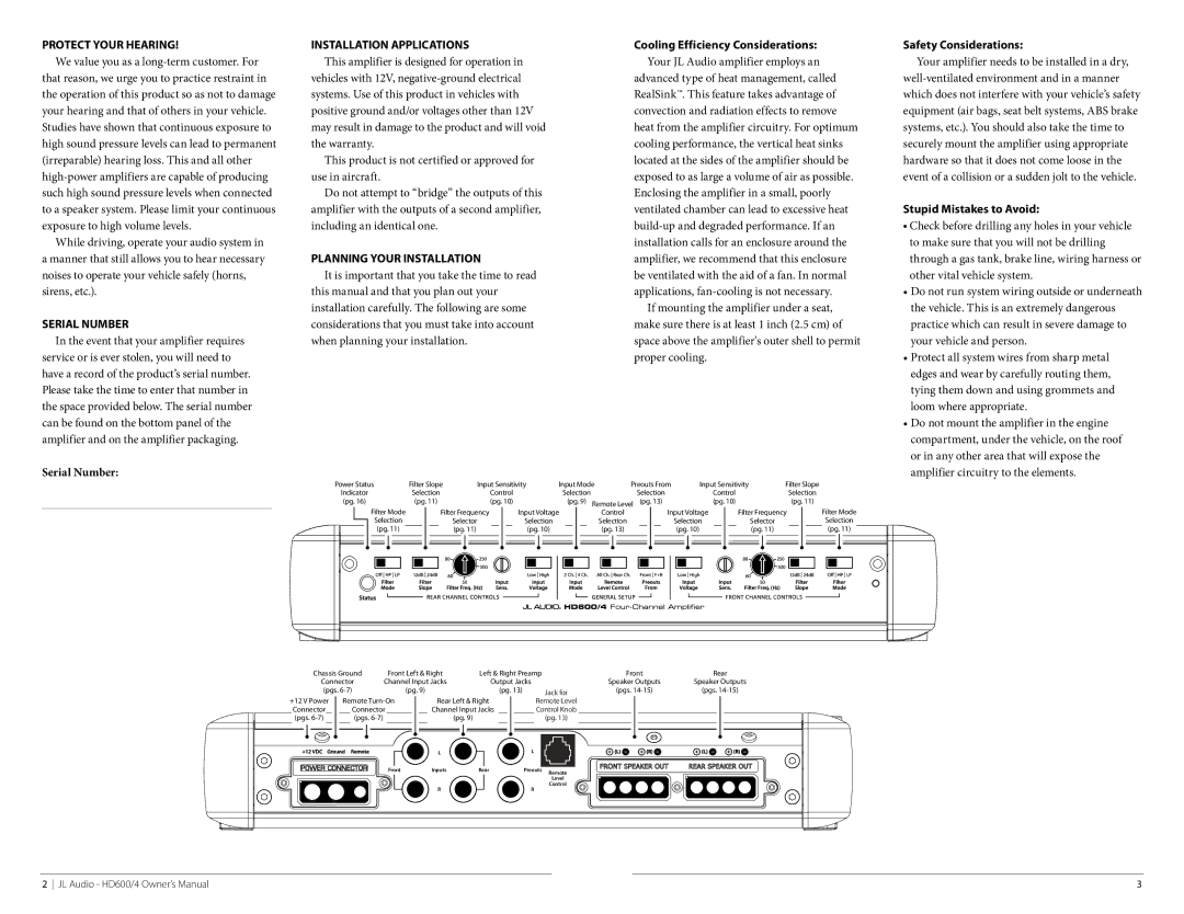 JL Audio HD600/4 owner manual Protect Your Hearing, Serial Number, Stupid Mistakes to Avoid, Planning Your Installation 