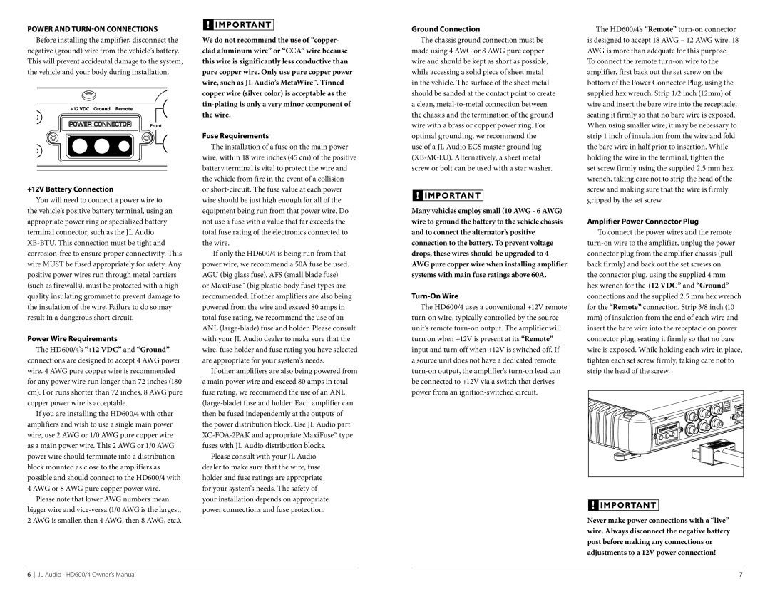 JL Audio HD600/4 +12V Battery Connection, Power Wire Requirements, Fuse Requirements, Ground Connection, Turn-On Wire 