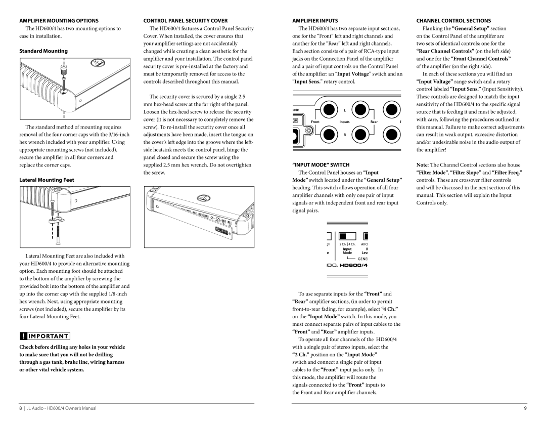 JL Audio HD600/4 owner manual Amplifier Mounting Options, Channel Control Sections 