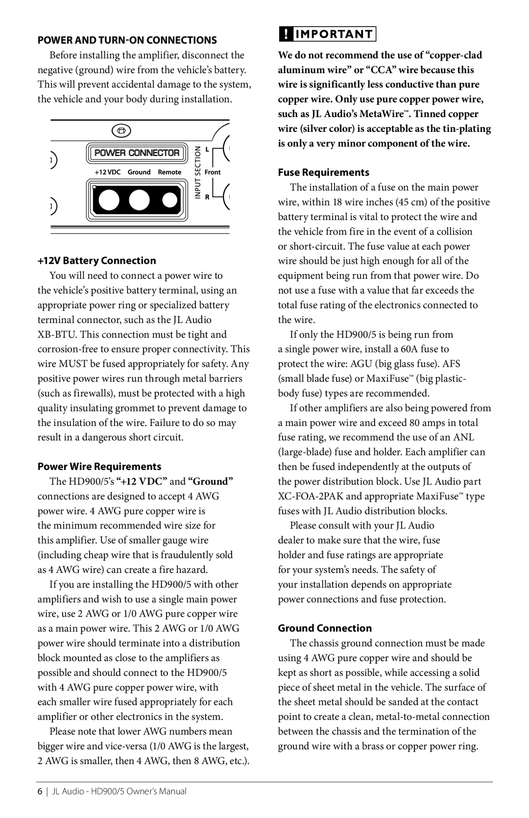 JL Audio HD900/5 owner manual +12V Battery Connection, Power Wire Requirements, Fuse Requirements, Ground Connection 