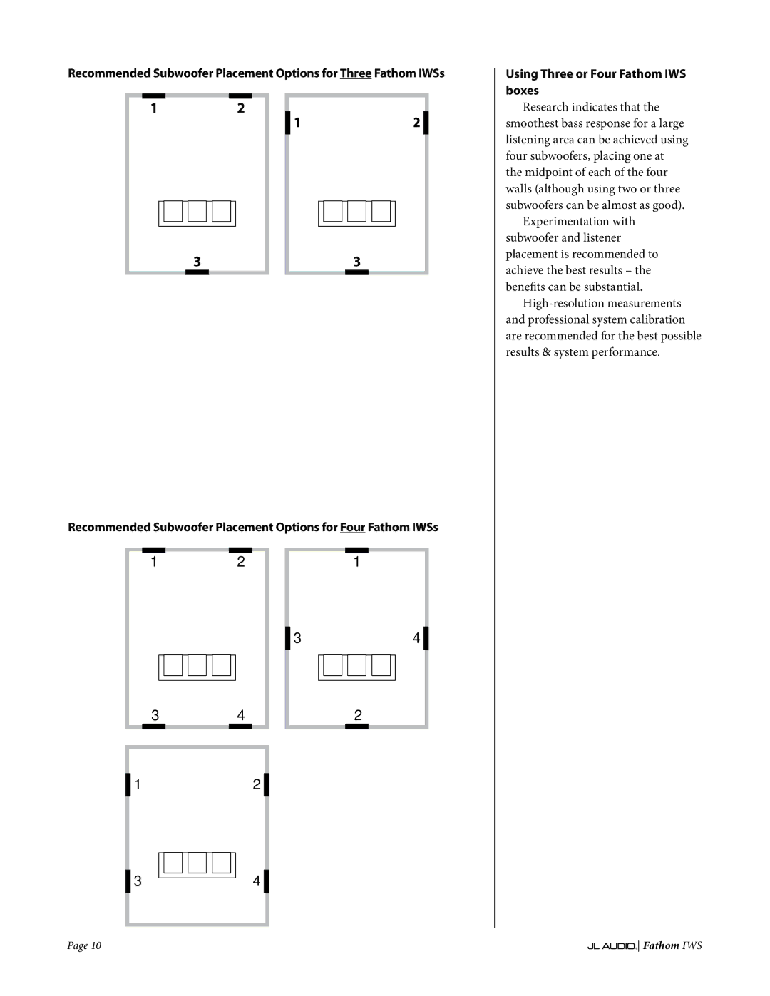 JL Audio IWS-SYS-2, IWS-SYS-1 owner manual Recommended Subwoofer Placement Options for Four Fathom IWSs 