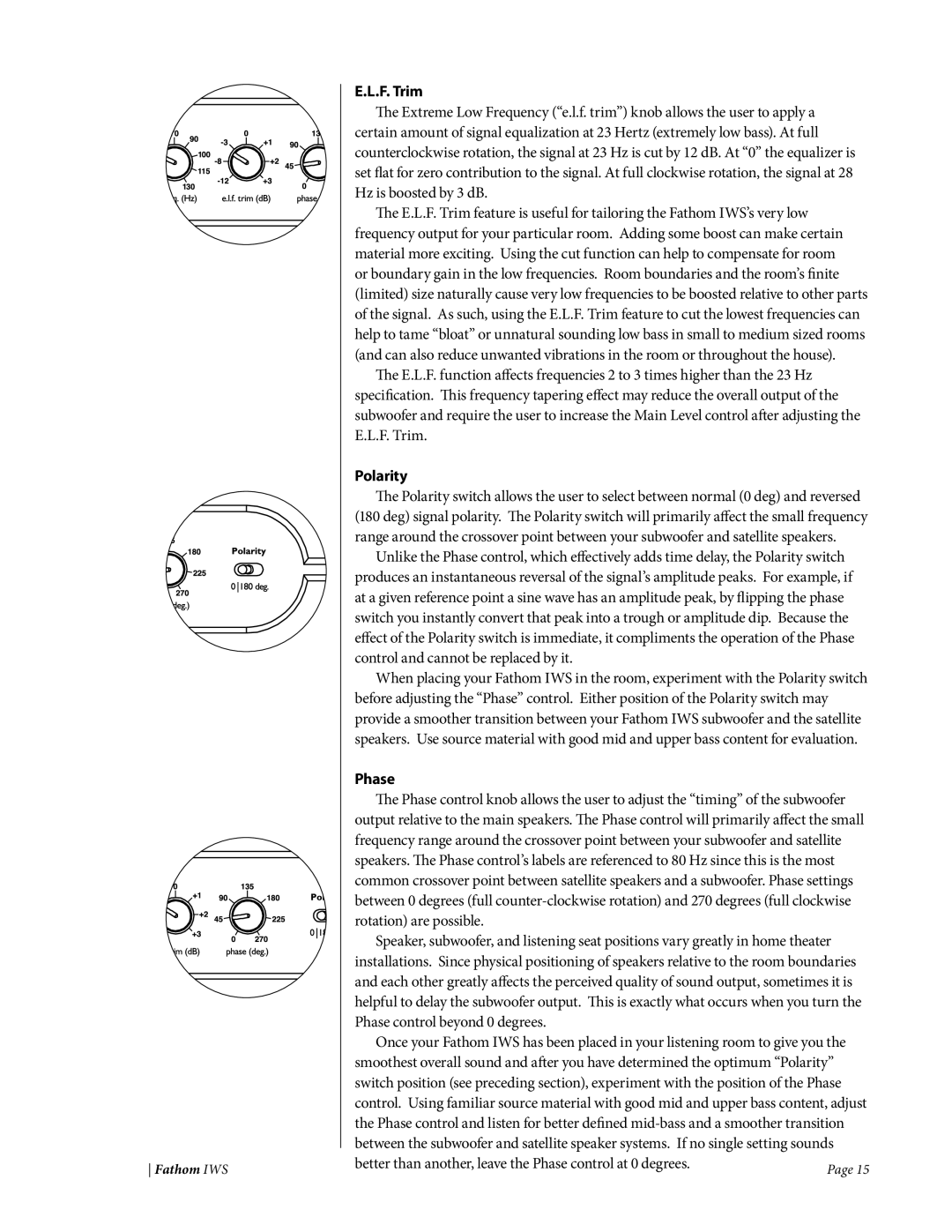 JL Audio IWS-SYS-1, IWS-SYS-2 owner manual F. Trim, Polarity, Phase 