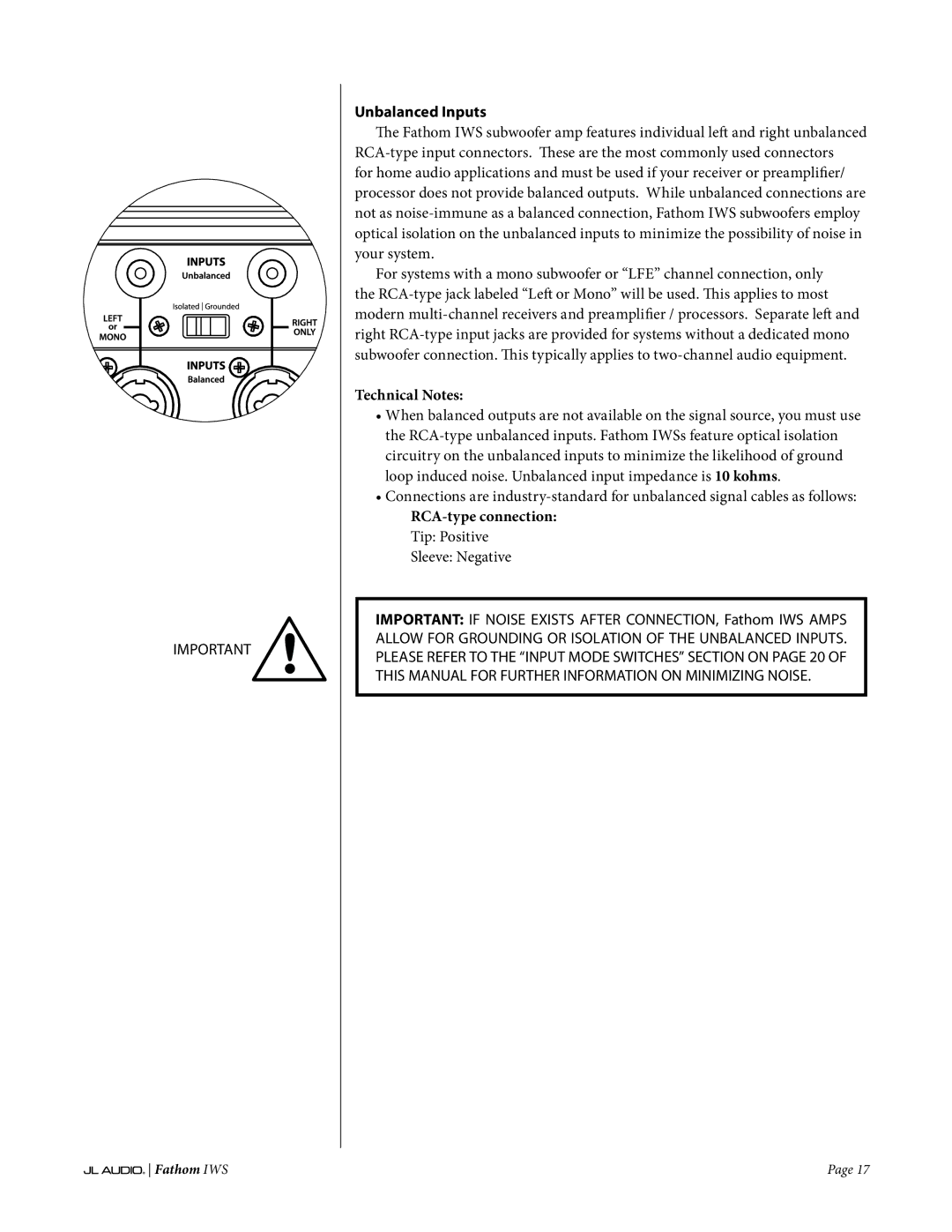 JL Audio IWS-SYS-1, IWS-SYS-2 owner manual Unbalanced Inputs, RCA-type connection Tip Positive 