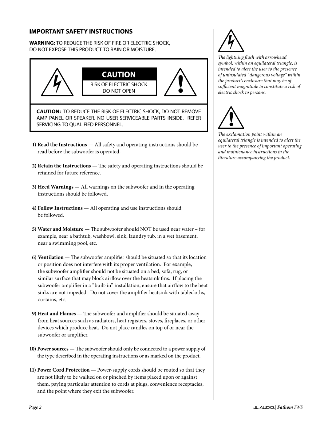 JL Audio IWS-SYS-2, IWS-SYS-1 owner manual Important Safety Instructions, Risk of Electric Shock Do not Open 