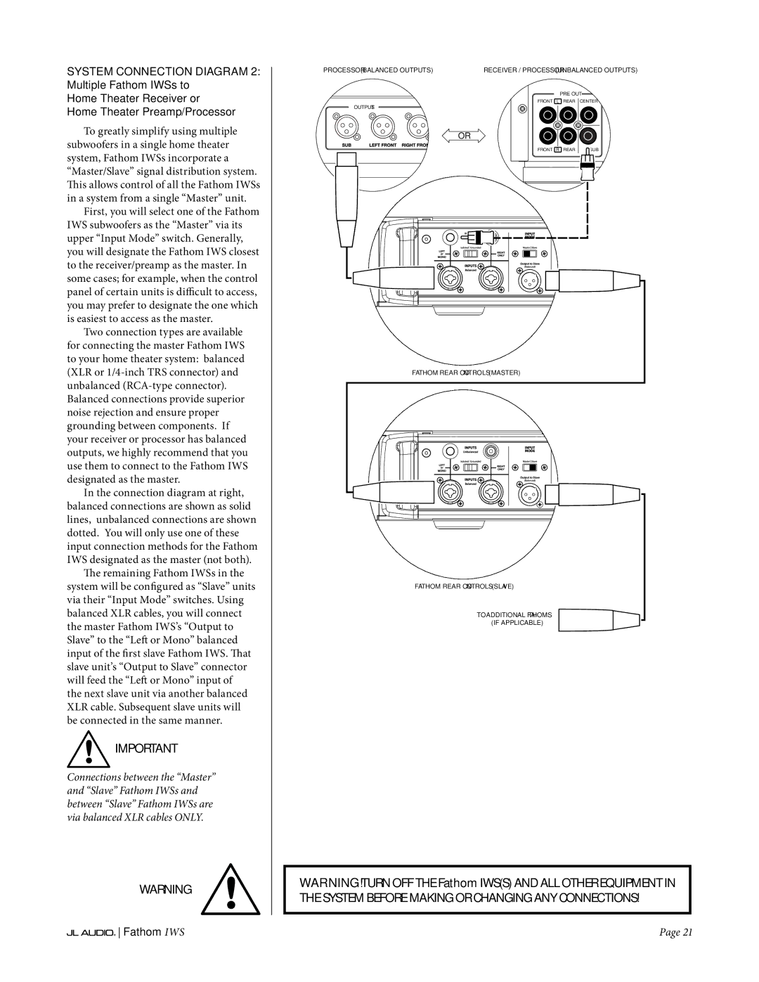 JL Audio IWS-SYS-1, IWS-SYS-2 owner manual Fathom Rear Controls Master Fathom Rear Controls Slave 