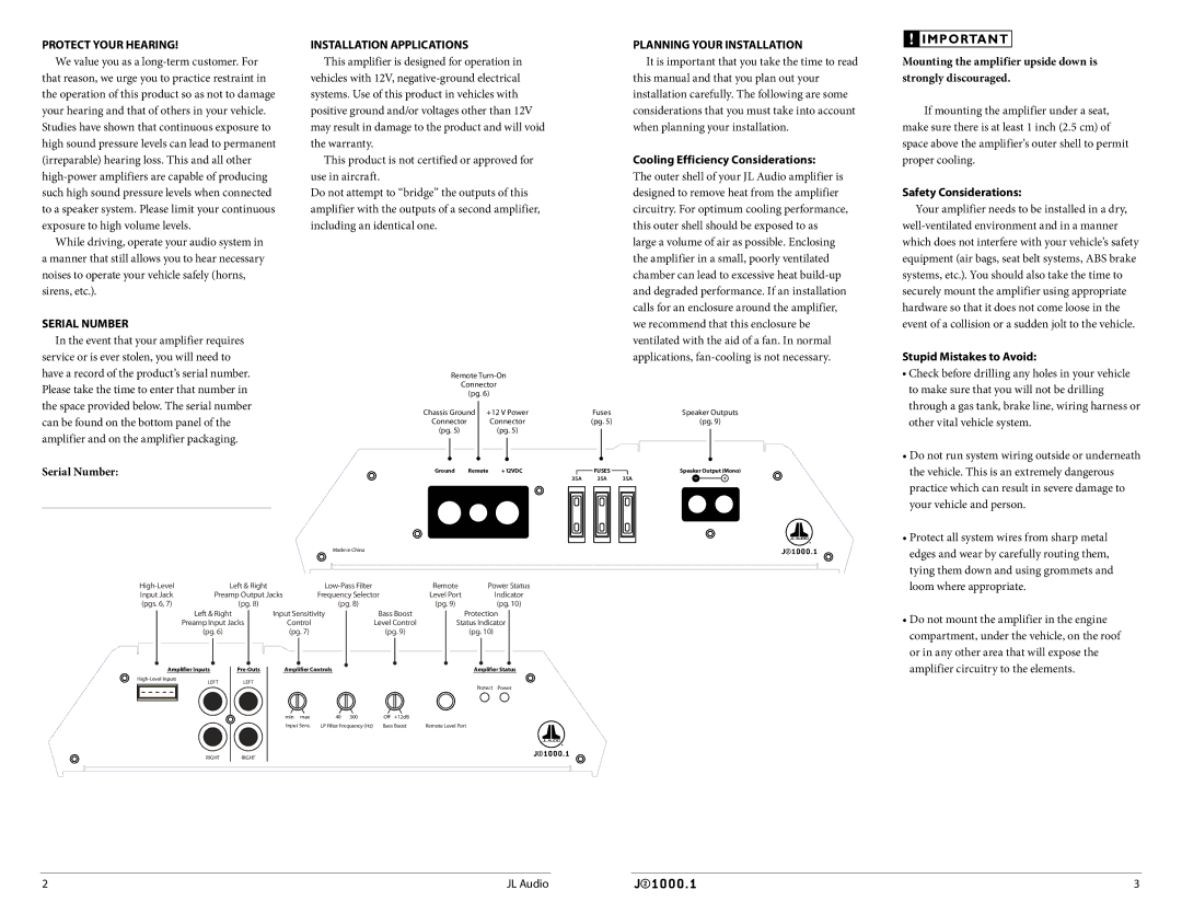 JL Audio J21000.1 owner manual Protect Your Hearing, Serial Number, Installation Applications, Planning Your Installation 