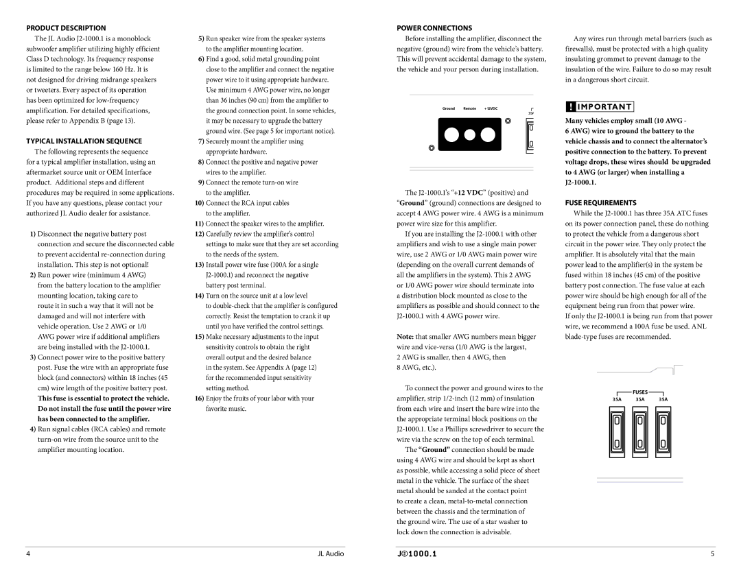 JL Audio J21000.1 owner manual Product Description, Power Connections, Fuse Requirements 