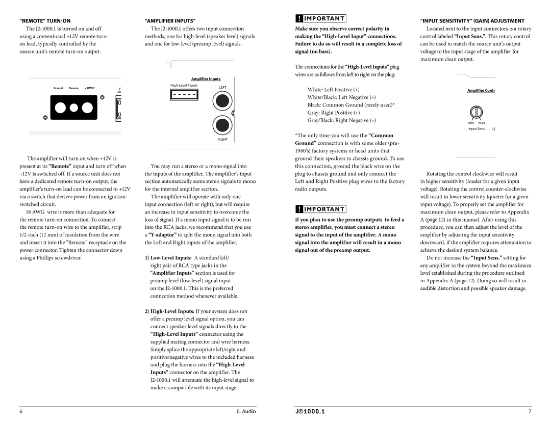 JL Audio J21000.1 owner manual REMote turn-On, Amplifier InputS 