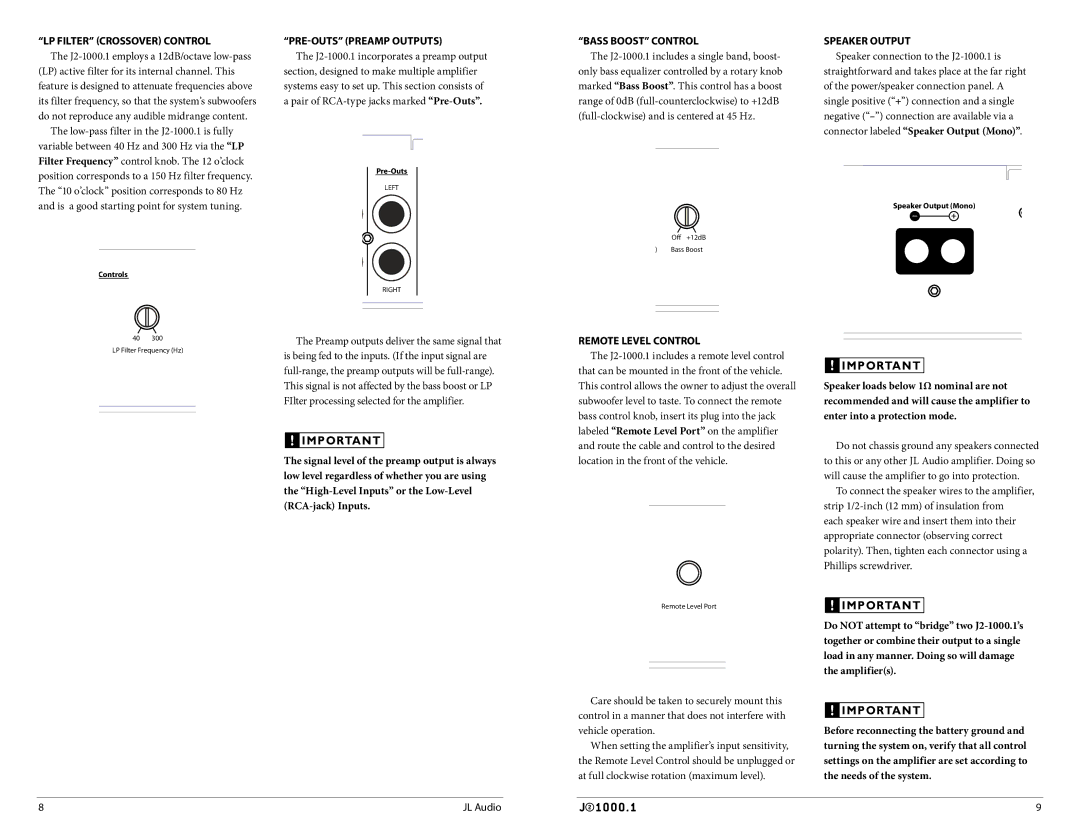 JL Audio J21000.1 owner manual LP Filter CroSSOVER Control, Preamp outputs deliver the same signal that, Bass BOost Control 