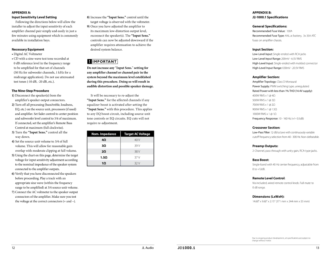 JL Audio J21000.1 Appendix a, Necessary Equipment, Nine-Step Procedure, Input Section, Amplifier Section, Preamp Outputs 