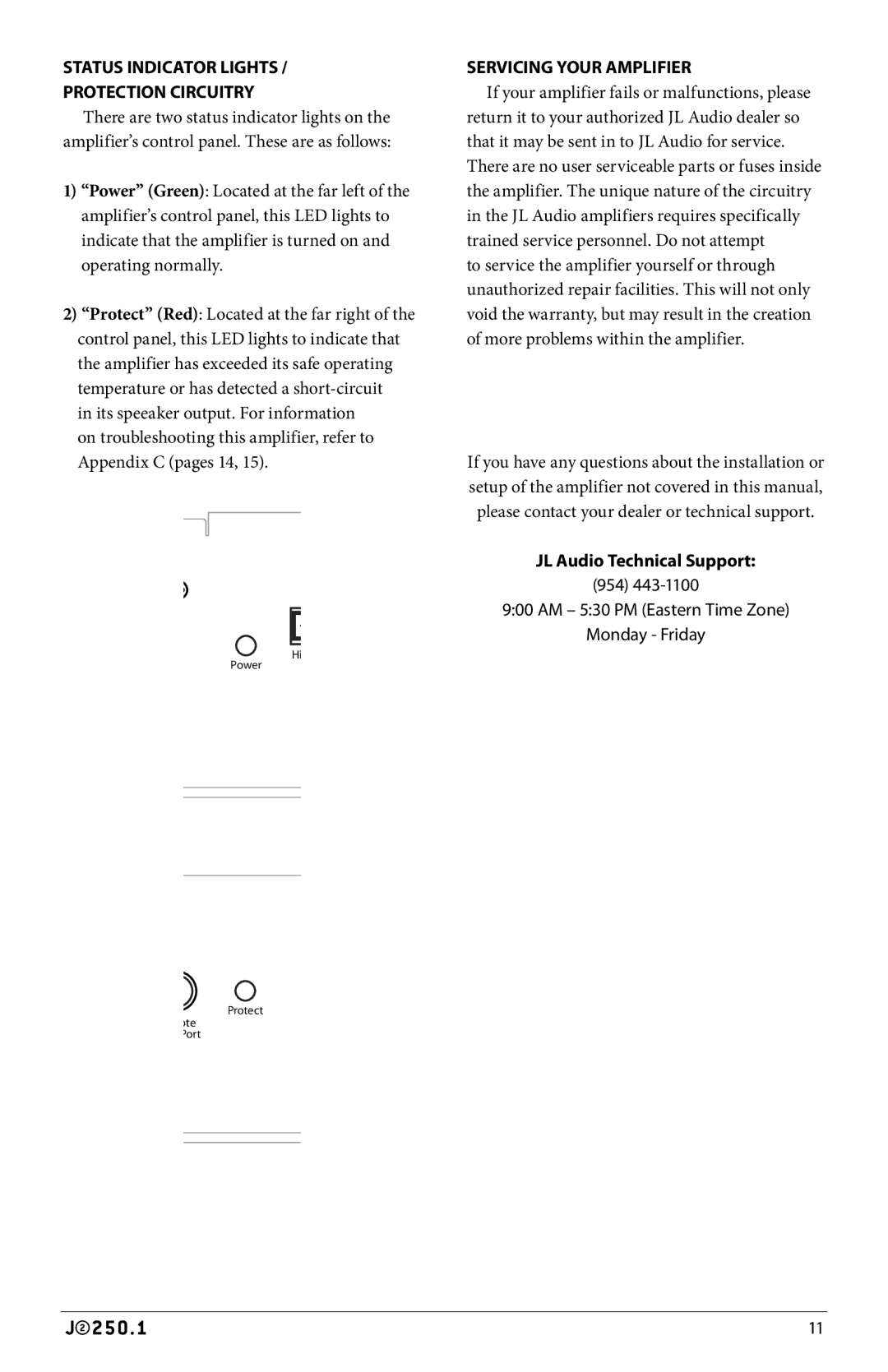 JL Audio J2250.1 Status Indicator Lights Protection Circuitry, Servicing your Amplifier, JL Audio Technical Support 