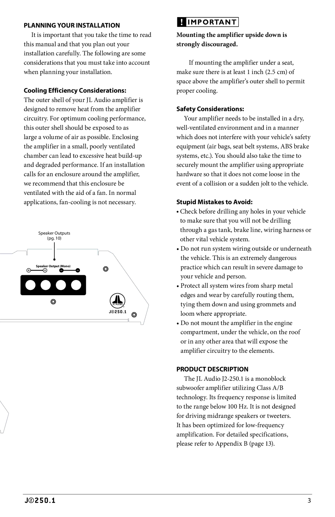 JL Audio J2250.1 Planning Your Installation, Cooling Efficiency Considerations, Safety Considerations, Product Description 