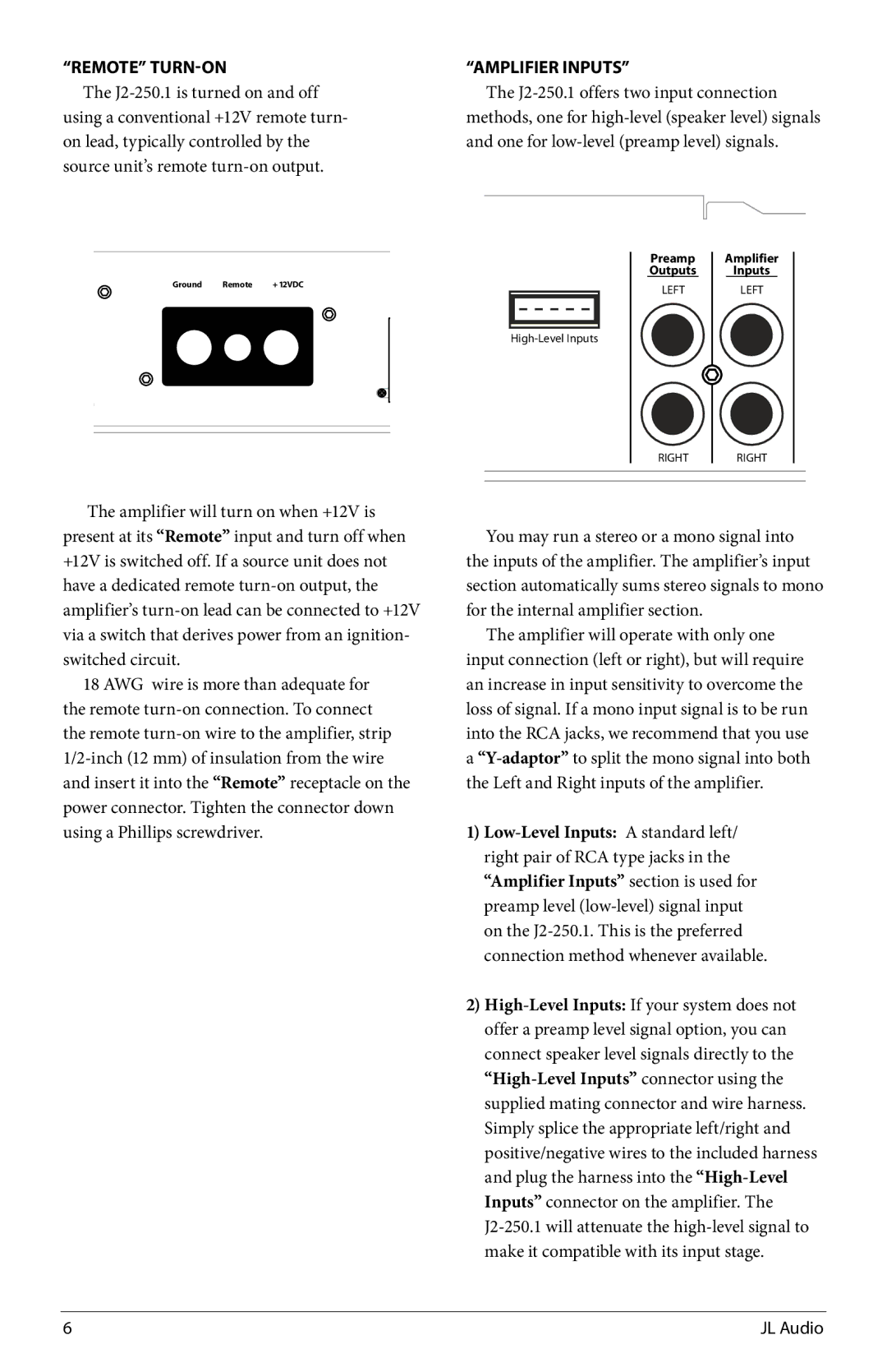 JL Audio J2250.1 owner manual REMote turn-On, Amplifier InputS 