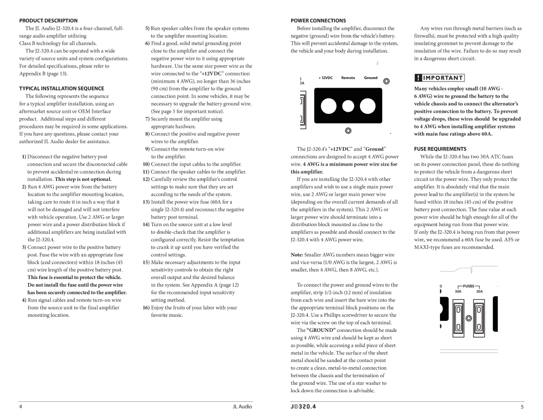 JL Audio J2320.4 owner manual Product Description, Power Connections, Many vehicles employ small 10 AWG, Fuse Requirements 