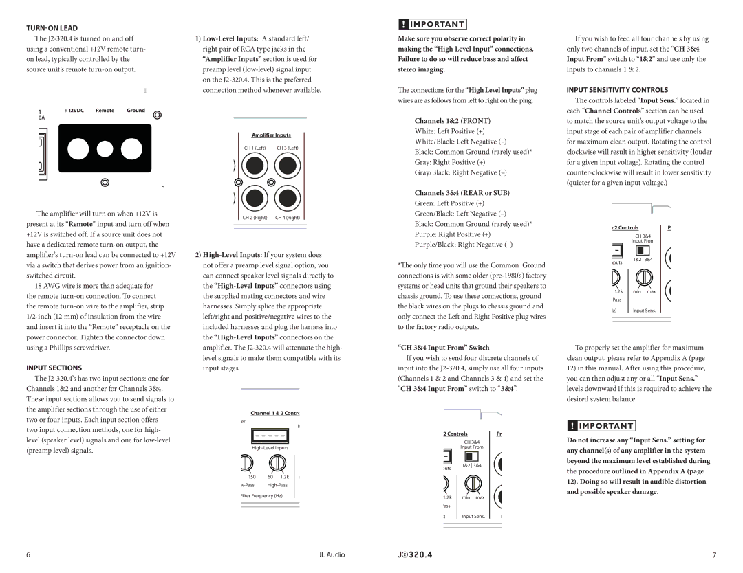 JL Audio J2320.4 owner manual Turn-On Lead, Input Sections, Input Sensitivity Controls 