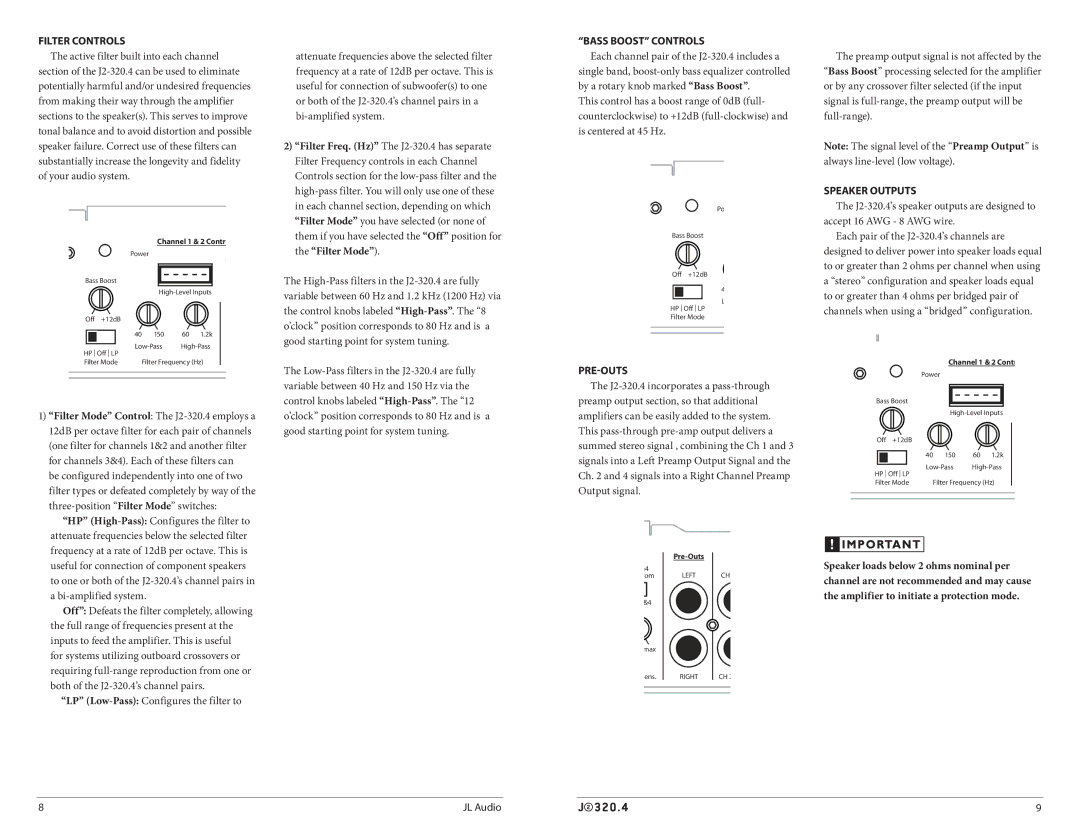 JL Audio J2320.4 owner manual Filter Controls, Bass BOost Controls, Speaker Outputs, Pre-OUTS 