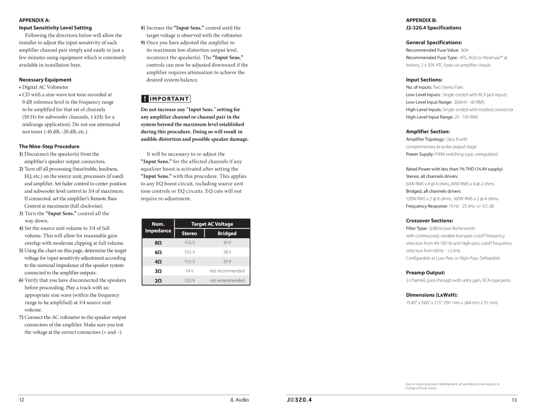 JL Audio J2320.4 owner manual Appendix a, Necessary Equipment, Nine-Step Procedure, Amplifier Section, Crossover Sections 