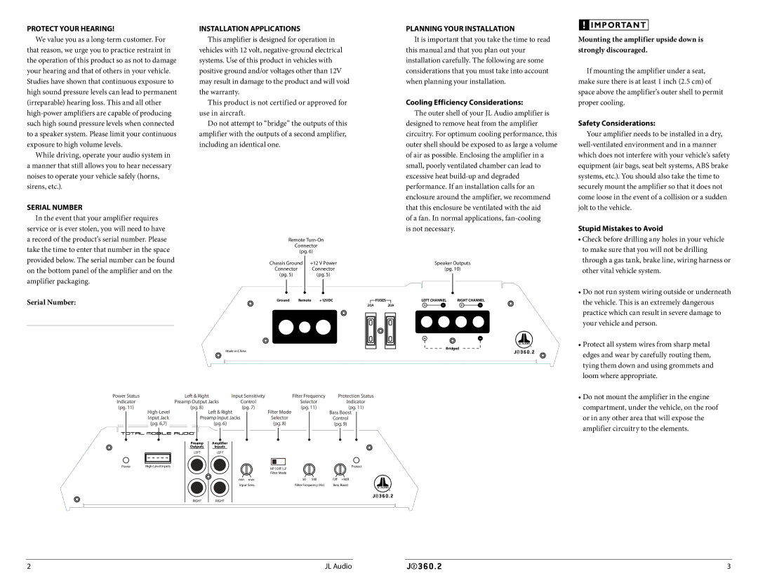 JL Audio J2360.2 Cooling Efficiency Considerations, Serial Number, Safety Considerations, Stupid Mistakes to Avoid 