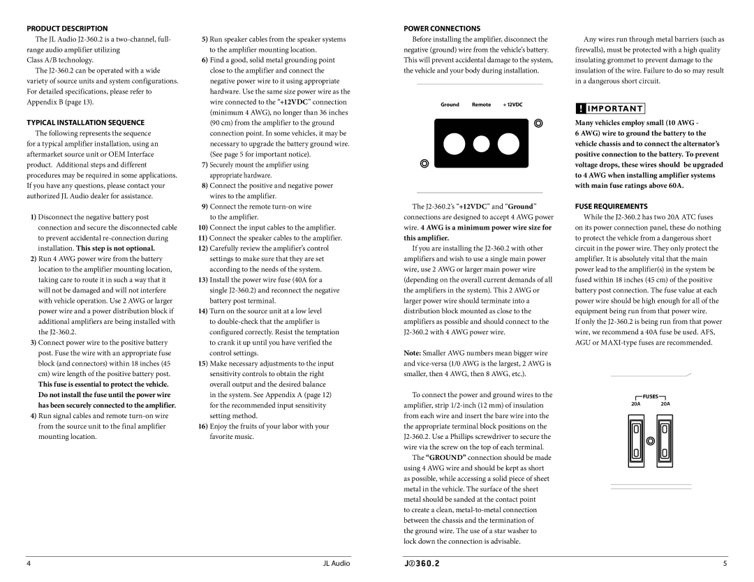 JL Audio J2360.2 owner manual Product Description, Power Connections, Many vehicles employ small 10 AWG, Fuse Requirements 