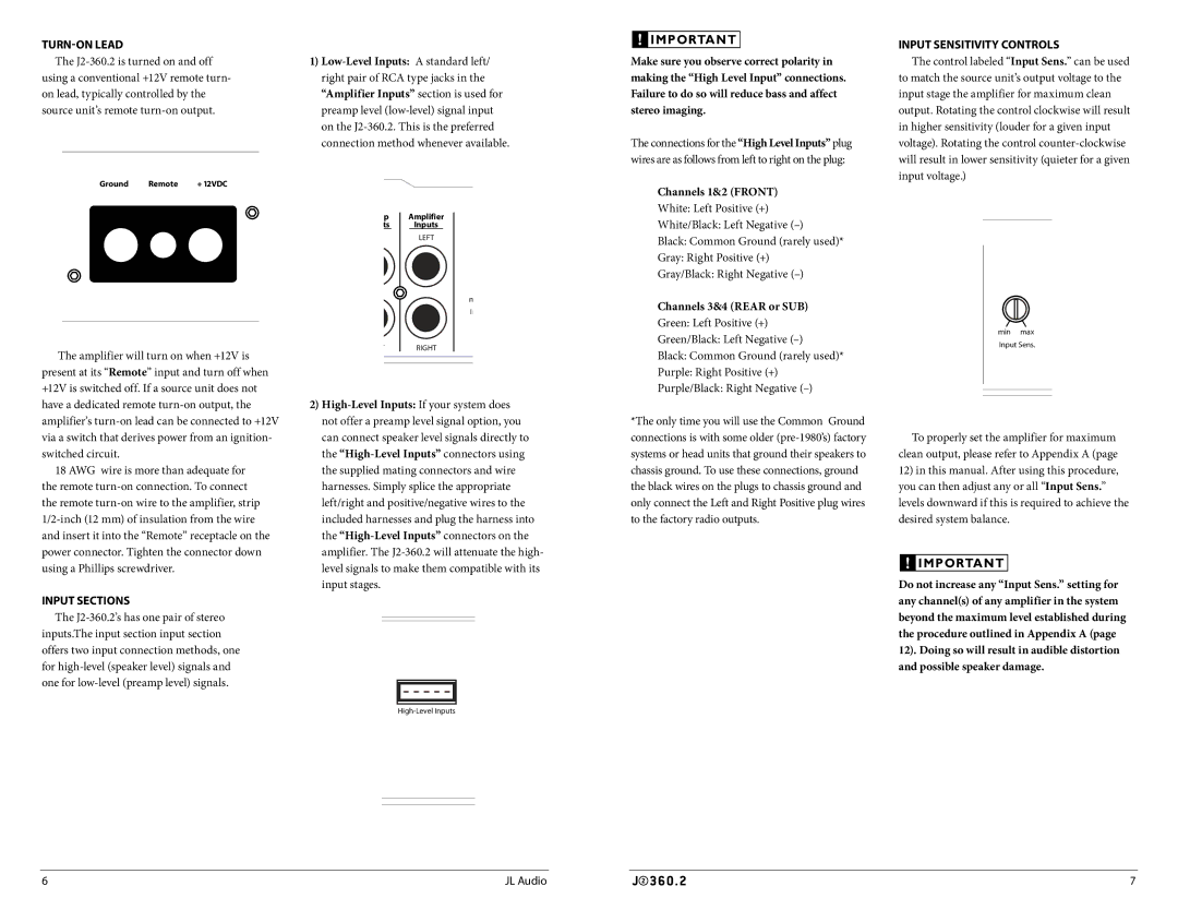 JL Audio J2360.2 Turn-On Lead, Input Sections, Channels 1&2 Front, Channels 3&4 Rear or SUB, Input Sensitivity Controls 